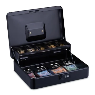 Immagine di Relaxdays Cassetta con Combinazione Numerica a 3 Cifre, Porta Soldi Inserto per Monete e 4 Scomparti, in Ferro, Nero, 8,5 x 30,5 24,5 cm