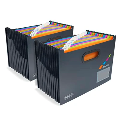 Immagine di Rapesco 1729 SupaFile A4 Portadocumenti a Soffietto con 13 Tasche Colorate, Nero, Confezione da 2