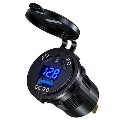 Immagine di 108W Presa USB Auto Doppia PD Accendisigari 12V Auto, 45W e 18W QC3.0 Caricatore C, con Interruttore Voltmetro, Ricarica Rapida Impermeabile, Adatto a Moto, Barche