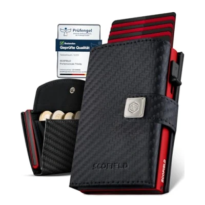 Immagine di SF SCOFIELD Trinity Slim Wallet con scomparto per monete, custodia carte di credito da uomo 10 12 I RFID Protezione portafogli Smart Wallet, Carbon Fire Red, Münzfach