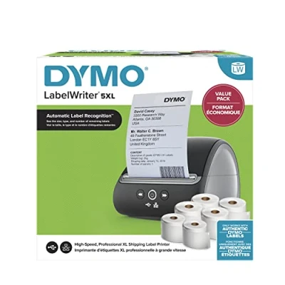 Immagine di DYMO LabelWriter 5XL stampante di etichette Bundle Riconoscimento automatico delle Stampa spedizione extra large da Amazon, DHL e molti altri Spina UE a 2 poli