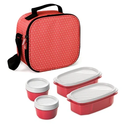 Immagine di Tatay Urban Food Casual, Borsa Termica Porta Pranzo, 3L Capacità, con 4 Contenitori Alimentari, 2 x 0.5 L, 0.2 senza BPA, Rosso (con Puntini), 22.5 10 22 cm