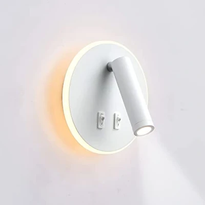 Immagine di lampada da parete a LED uksunvi, lettura sul comodino, lampade 12 W, faretto regolabile （3W + 9W 3000K luce calda） bianco Forma rotonda