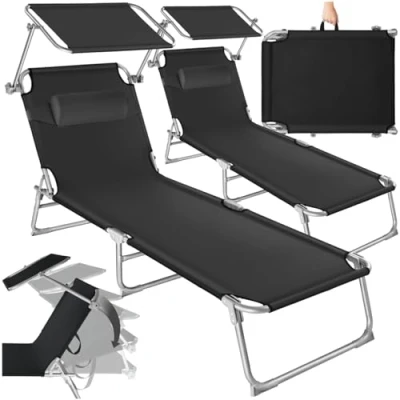 Immagine di TecTake® Set 2X Lettino Pieghevole, Lettini Prendisole Pieghevoli Sdraio con Parasole, Schienale Regolabile 4 Posizioni, Rivestimento Resistente, Giardino Spiaggia Mare Nero