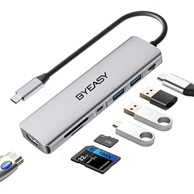 Immagine di BYEASY Hub USB C, sdoppiatore C 7 in 1 con HDMI 4K, lettore di schede SD/TF, alimentazione da 100 W, cavo adattatore ultra sottile 0,71ft, compatibile laptop e altri dispositivi tipo