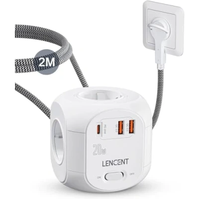 Immagine di LENCENT 7 in 1 Multipresa Cubo da 2M, Spina Piatta, Multipla Presa Ciabatta con 4 Prese AC(2500W 10A) e 3 USB, PD 20W QC 3.0 Ricarica Rapida, Elettrica Interruttore per Ufficio Casa