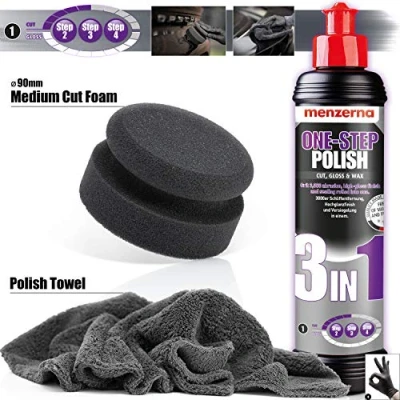Immagine di detailmate Set lucidante per Auto con Menzerna Medium Cut One Step Polish 3in1 250ml + Spugna lucidatura Realizzata in Germania Panno Microfibra Ultra soffice 550GSM 1 Guanto Protettivo