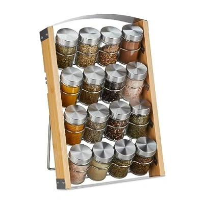 Immagine di Relaxdays Portaspezie Salvaspazio con 16 Vasetti, Scaffale Barattoli da 80 ml, 37 x 23,5 18 cm, Naturale Argento, bambù, Vetro, Acciaio Inox