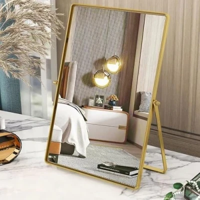 Immagine di Gosider Specchio da trucco dorato, rettangolare, con cornice in metallo, portatile, 90, ad alta risoluzione su un lato, per comò, soggiorno, camera letto, ufficio