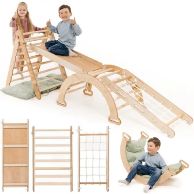 Immagine di Scaletta da arrampicata interna 5 in 1 per bambini scala triangolare, rampa e rete arrampicata, cuscino, montessori, parco giochi legno, dai ai anni (cuscino