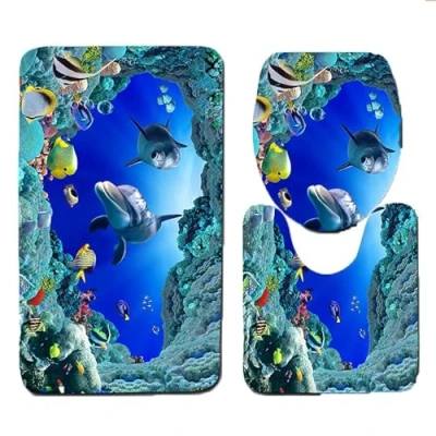 Immagine di Smavles Tappetino da Bagno Set 3 Pezzi Tappeto per WC Ocean Style Underwater World Delfino Carpe Toilet Mat