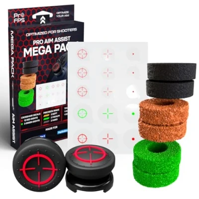 Immagine di ProFPS Mega Pack: 6x Anelli di Precisione, 2x Thumbsticks Misti &amp; 15 pack Decalcomanie Crosshair Accessori PS5 per Aim Assist Controller Ideale Gaming, PC PS4