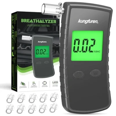 Immagine di kungfuren Alcol Test Etilometro Portatile Certificato: Professionale Digitale Alcoltest con Display LCD Blu Tester di Alcool Precisione Grado 11 Bocchini per Personali Grigio