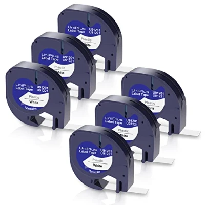 Immagine di UniPlus Nastro per Etichette Compatibile Dymo LetraTag Plastica 91201 91221 S0721660 Nastri LT 100H 100T LT110T Plus QX50 XR XM 2000, 12mm x 4m, Nero su Bianco, 6 Pz