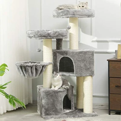 Immagine di MSmask Tiragraffi XXL albero per gatti di grandi dimensioni, stabile, con aste in sisal, 2 piattaforme osservazione (grigio + bianco)