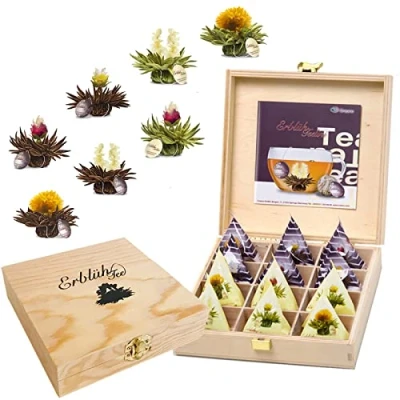 Immagine di Fiori di Tè Tèlini Creano in un Formato Tazza set regalo una Scatola da Legno 12 fior 4 Tipi diversi bianco e nero