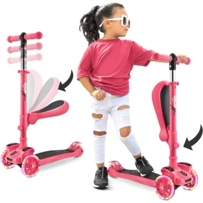 Immagine di Hurtle Monopattino Bambino, Bambina, a 3 Ruote, Regolabile in Altezza con Sedile Pieghevole, Scooter per Bambini e Bambine Ruote LED Multicolore, Dai 2 ai 14 Anni