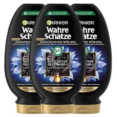 Immagine di Garnier Risultati veri tesori bilancianti balsamo, formula con carbone attivo e olio di cumino nero, per cuoio capelluto lunghezze capelli secchi, 3 x 200 ml