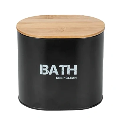 Immagine di WENKO Box da bagno Gara, contenitore in acciaio con coperchio bambù, stampa di tendenza, ideale per il e la toilette degli ospiti, 14,5x13,5x10,5cm, nero