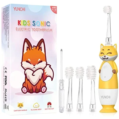 Immagine di spazzolino elettrico per bambini a partire dai 1 ai 12 anni, bambini, con luce LED timer, 4 testine morbide ragazzi e ragazze YUNCHI K3 (Giallo)