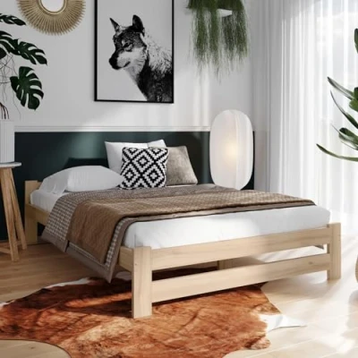 Immagine di letto in legno 120 x 200 cm con rete a doghe, moderno pino massiccio, matrimoniale, matrimoniale massello, classico, confortevole e durevole, scandinavo, testiera piatta