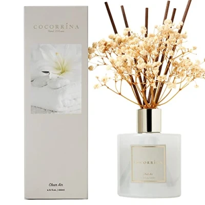 Immagine di Cocorrína Reed Diffuser Set CLEAR AIR 200ml Diffusore profumato di Aria Chiara con bastoncini olio essenziale fragranza per la casa decorazione della mensola del bagno
