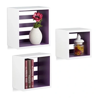 Immagine di Relaxdays 10021798_749 Set 3 Mensole da Parete Cube, Forma Quadrata, Cubo, Legno MDF, Bianco Viola