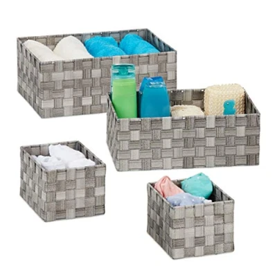 Immagine di Relaxdays Cestino Portaoggetti in Plastica, Set da 4, Intrecciato, Cesta per Bagno, Rettangolare, 3 Misure, Grigio, 90% 10% Ferro, 1 pz