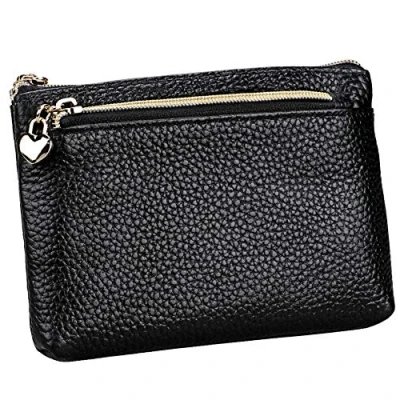 Immagine di HXT OAK Portafoglio in Pelle con portachiavi Piccolo Portamonete Mini Cerniera Cuore 3 Scomparto Capiente Porta Banconote e Tessere Pochette Nero