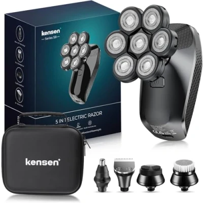 Immagine di KENSEN Rasoio Elettrico Barba, Testa Calva 7D, Tagliacapelli Uomo 5 in 1 Kit Impermeabile con Testine Rotanti per Capelli Barba Naso Orecchie e Viso Pulito