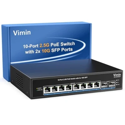 Immagine di Switch PoE di Rete 2,5G a 10 Porte, 8 Porte Base T da con 2 x Gbps SFP, Compatibile 100/1000/2500Mbps, IEEE802.3af/at Power Over Ethernet Plug &amp; Play