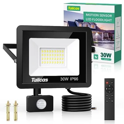Immagine di Tailcas 30W Faretto LED da Esterno con Sensore di Movimento, IP66 Impermeabile Faretti Telecomando, 2700LM Luci Interno ed per Giardino, Cortile, Garage