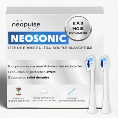 Immagine di NEOPULSE® Set di 2 ricariche Testine spazzola ultra morbide bianche in nylon per spazzolino elettrico sonico NEOSONIC® Compatibile con NEOKIDS 3D: fili corti e lunghi Indicatore usura