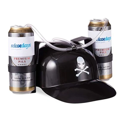 Immagine di relaxdays Cappello Porta Birra da Pirata, Elmetto con Cannuccia, per 2 Lattine, Gadget Carnevale, Calcio Feste, Nero
