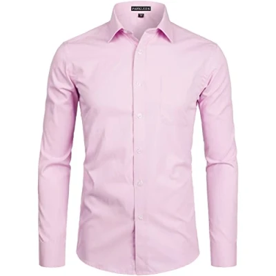 Immagine di PARKLEES Camicia a maniche lunghe da uomo tinta unita slim fit casual business formale bottoni camicie con tasca, rosa, XL