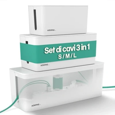 Immagine di ACROPAQ Scatola porta cavi Set 3 in 1, 24 x 12 cm, 32 13 41 16 Nasconde facilmente e prese, Impermeabile, Antiscivolo Organizzazione dei senza più grovigli Bianco