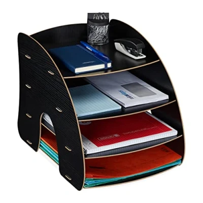 Immagine di Relaxdays Organizer da Scrivania Portadocumenti, 4 Scomparti Portalettere A4, HLP: 27x25,5x34,5 cm, MDF, Ufficio, Nero