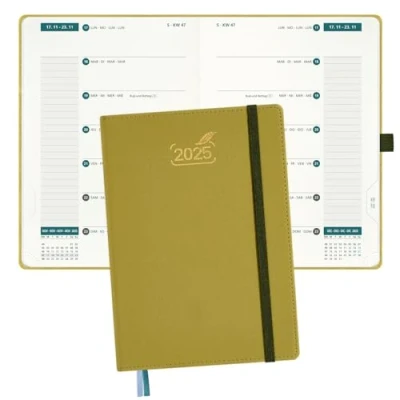 Immagine di BEZEND Agenda Settimanale 2025 A5 Programma Doppio 1 Settimana 2 Pagine Planner con Carta da 100 g/m², Scheda Mensile, Copertina Rigida in Pelle PU Mostaza