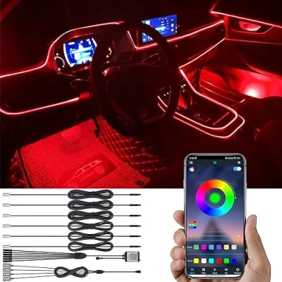 Immagine di TABEN Kit Luce Atmosfera Auto Sincronizzazione Musicale RGB Multicolore 16 Milioni di Colori 8 Metri Fibra Ottica USB Ambientale vano Piedi, Suono Attivo e Controllo App Bluetooth CC 12V