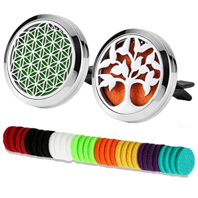 Immagine di 2 pz Auto Aromaterapia Oli Essenziali Diffusore Deodorante 30mm In Acciaio Inox Nero Locket Vent Clip + 32 Ricarica Pads (Flower of Life &amp; Tree (Argento A))