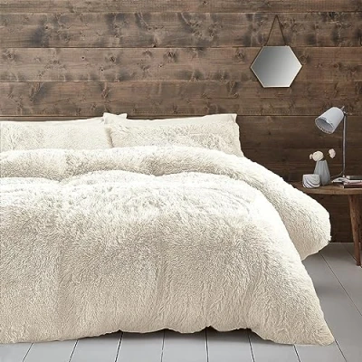 Immagine di Catherine Lansfield Set copripiumino super king size in pelliccia sintetica a pelo lungo, con federe, color crema