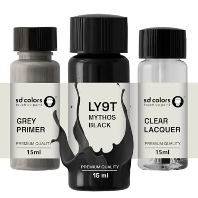 Immagine di SD COLORS Vernice per ritocchi da 15 ML, colore nero, riparazione, graffi, codice LY9T Mythos (vernice + primer smalto)