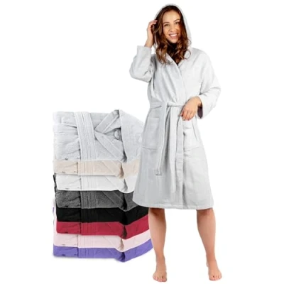 Immagine di Accappatoio per Donna con Cappuccio in Spugna Certificato Oeko Tex 2 Tasche, Cintura Vestaglia Uscire dalla Doccia, Assorbente e Confortevole