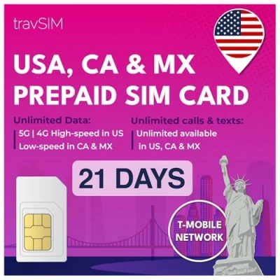 Immagine di travSIM USA, Canada Messico SIM Card Rete T Mobile 50GB di dati per gli 5GB e Chiamate ed SMS nazionali illimitati Valido 21 giorni