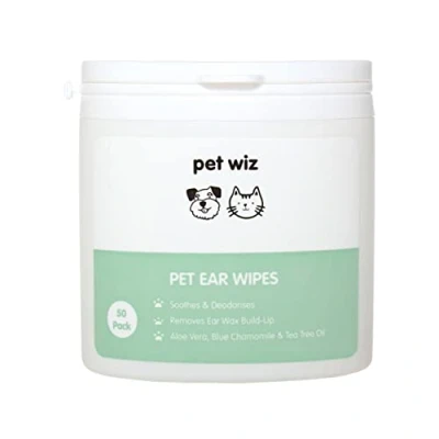 Immagine di pet wiz Salviette auricolari per cani e gatti Pulire, lenire deodorare con principi attivi naturali Aloe Vera, amamelide, olio dell&#039;albero del tè ed estratto di camomilla blu