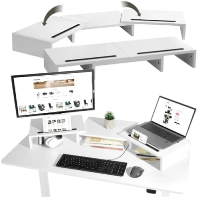 Immagine di TecTake® Supporto Monitor a 3 Pezzi, Rialzo Design Ergonomico, per con Parti Regolabili e Girevoli, Spazio Accessori, 2 Supporti Smartphone Bianco