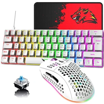 Immagine di Set di mouse per tastiera da gioco con layout britannico cablato, meccanica 62 tasti + RGB 6400 DPI tappetino rosso nero interruttore