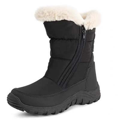 Immagine di Polar Donna Memory Foam Doppia Apertura Con Zip Nylon Impermeabile Di Spessore Pelliccia Ecologica Foderato Inverno Pioggia Neve Stivales Nero/Beige UK9/EU42 YC0662