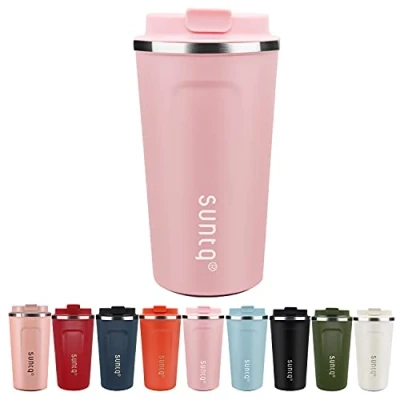 Immagine di SUNTQ tazza per caffè da asporto, in acciaio inox, a prova di perdite, con coperchio, riutilizzabile, termica usare viaggio, colore: rosa, 510 ml