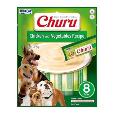 Immagine di INABA Churu Snack per Cani Cremoso al Pollo e Verdure 1 Pack (8 Stick x 20gr) Premietti Cane Ipocalorici, Morbidi Deliziosi Cibo Senza Conservanti o Coloranti Artificiali, Grain Free